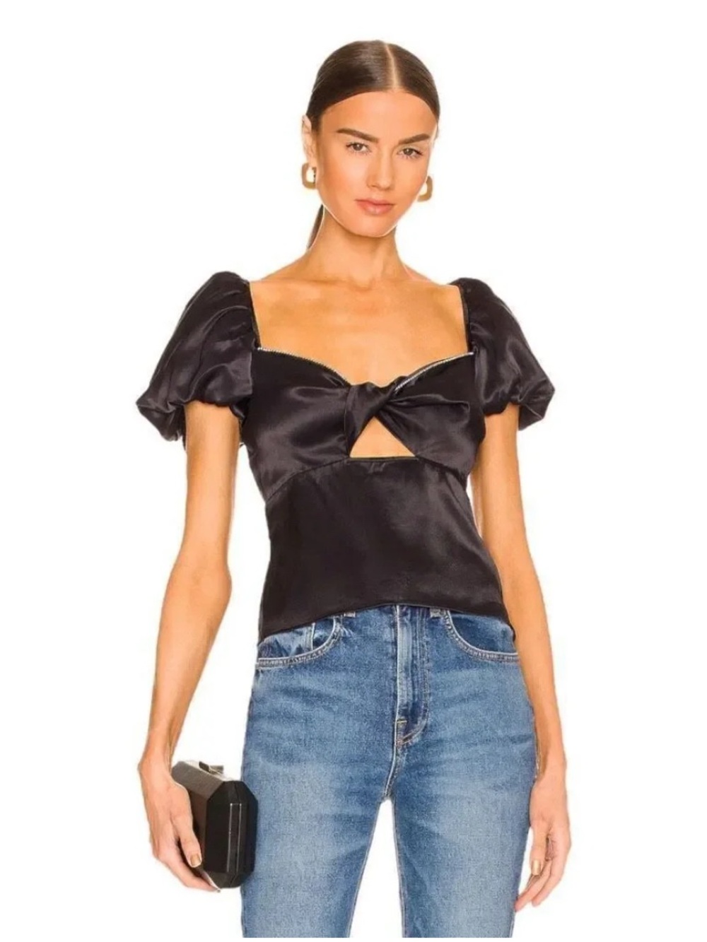 LPA black satin rhinestone trim Carmen top sz S